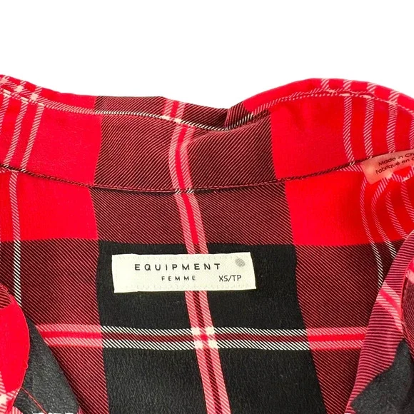 Equipment Signature Prepster Plaid Silk Blouse Womens XS Red Black Button Up - Picture 3 of 6